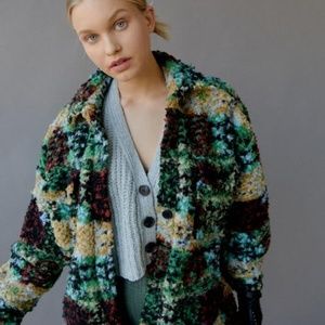 URBAN OUTFITTERS OVERSIZE FUZZY SHERPA TEDDY MULTICOLORED BUTTON UP JACKET SZ XS